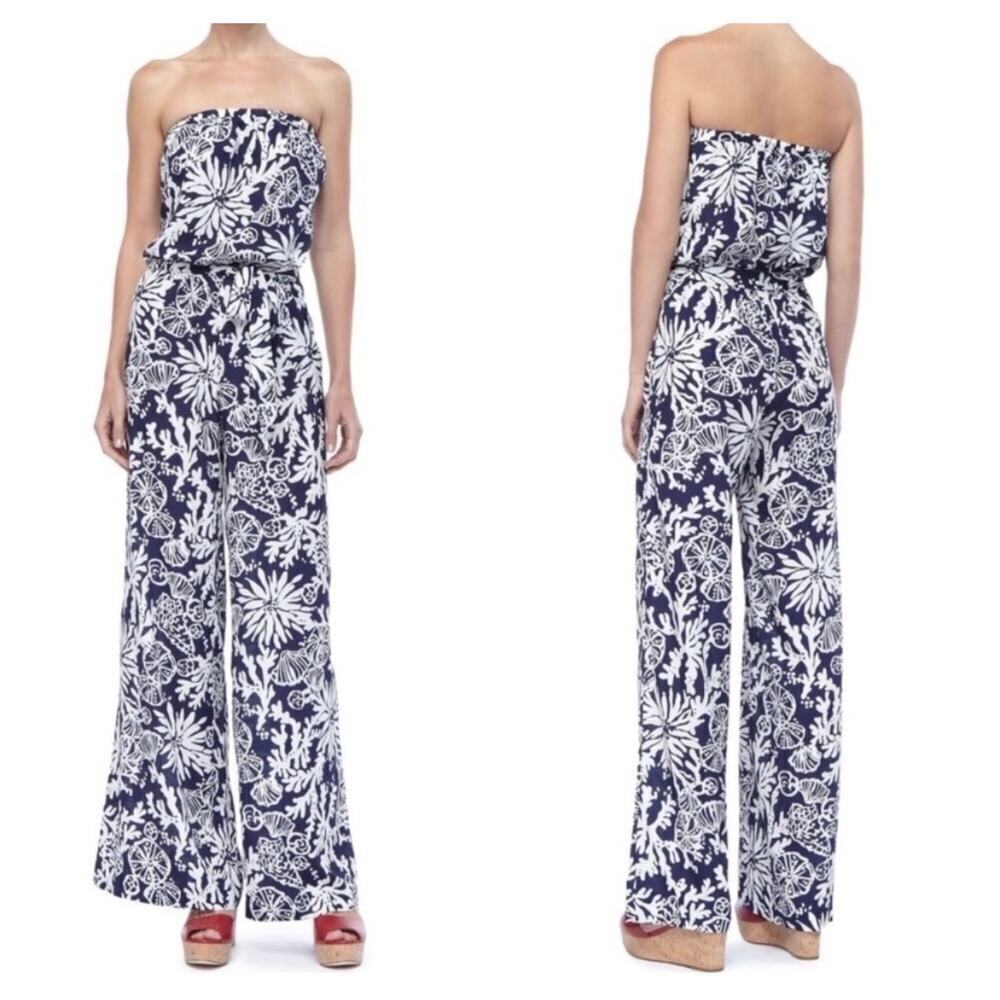 Lilly Pulitzer NWOT Farrah Printed Jumpsuit Strapless Navy Blue White Size Small